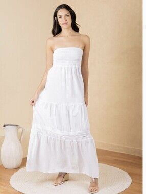 Seaspice Bliss Strapless Maxi Dress White Large 100% Peruvian Cotton NWOT